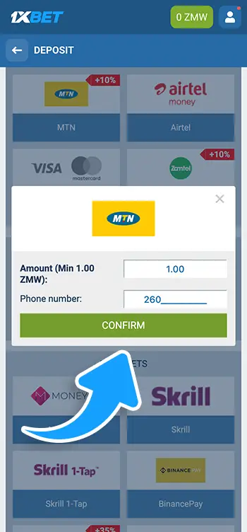 Step 7 - Confirm the payment to deposit money into a 1xBet account